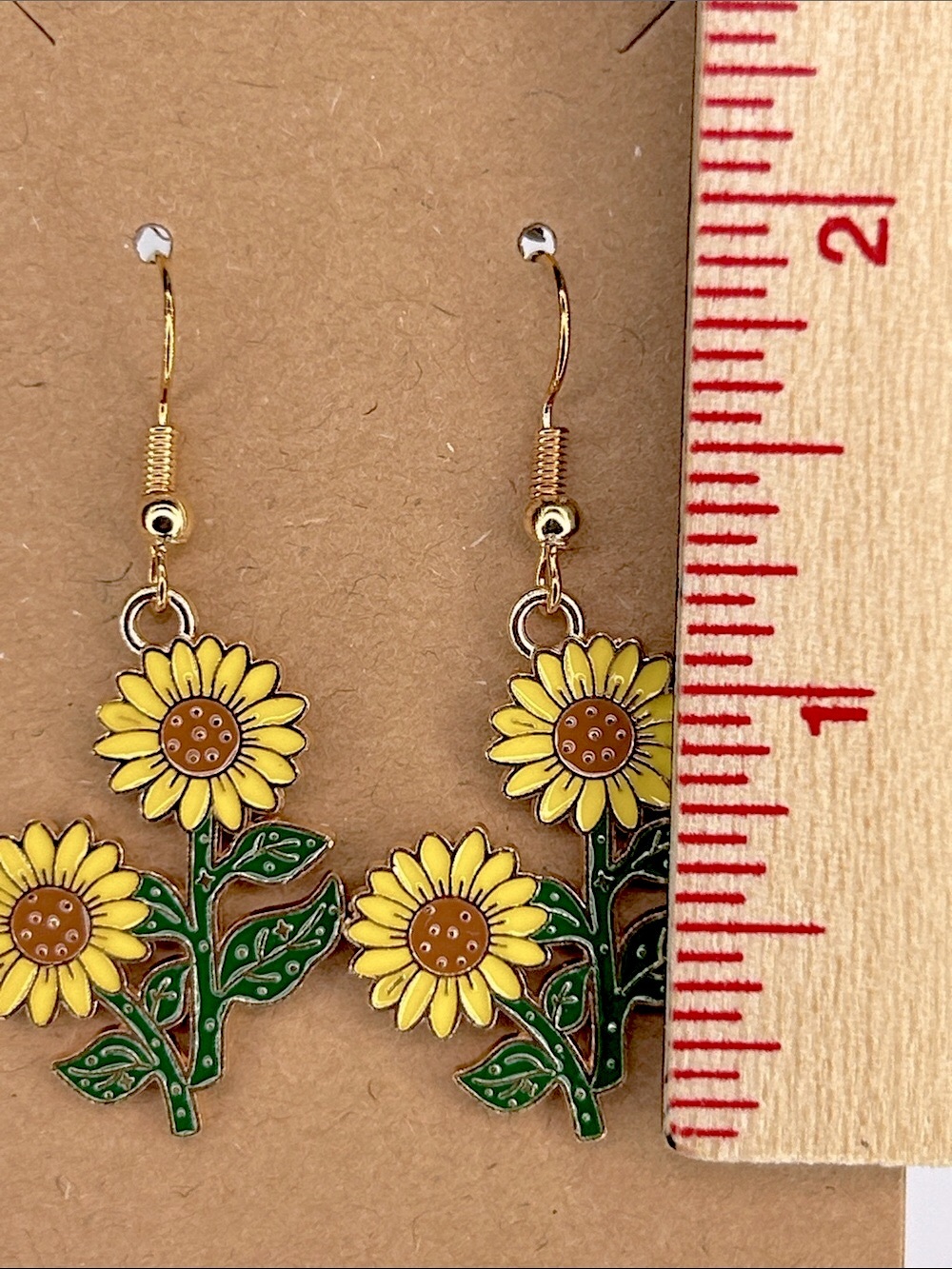 Sunflower Drop Earrings - Yellow & Green Floral Dangle Fashion Jewelry - Picture 2 of 3